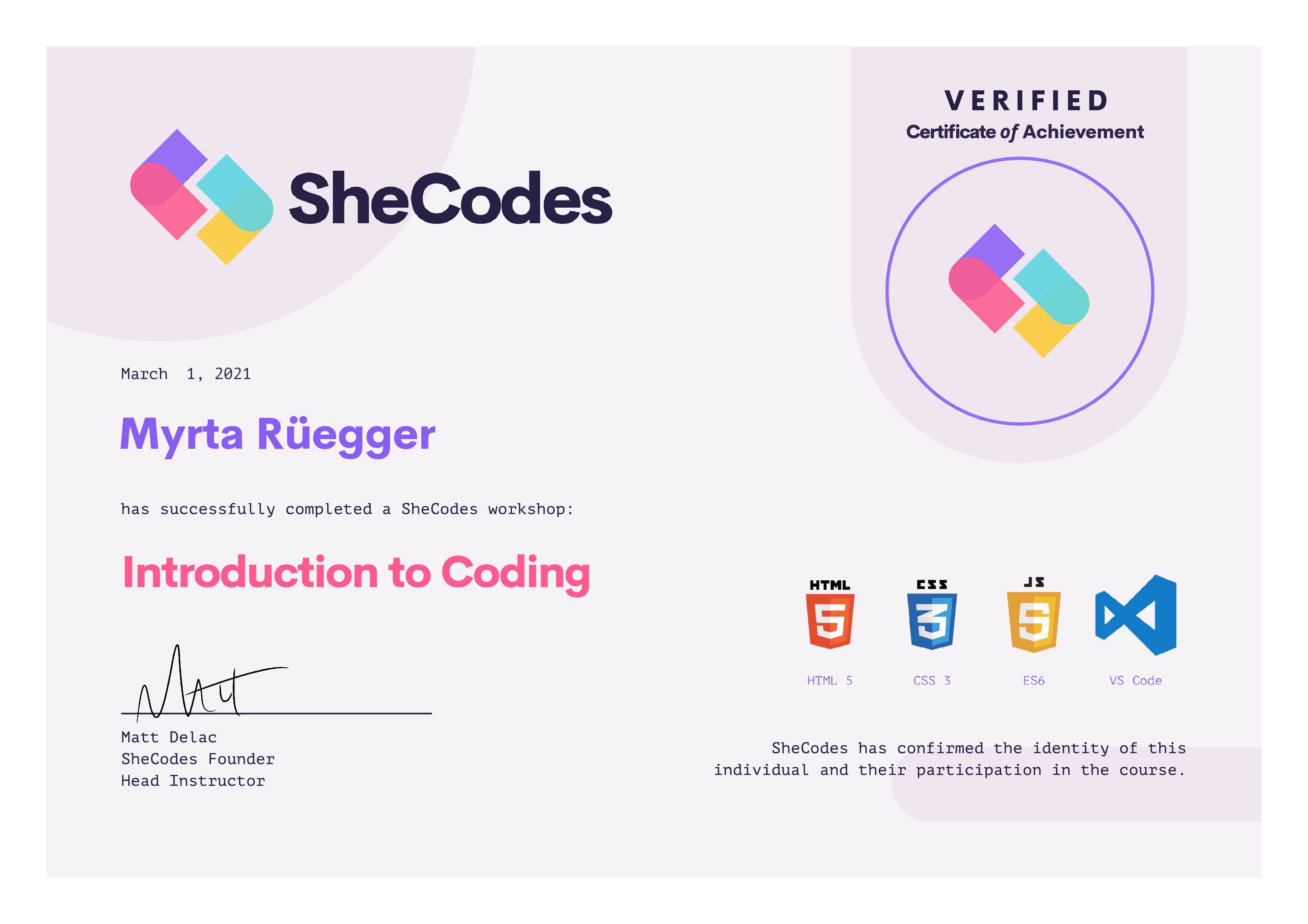 SheCodes Basic certificate preview