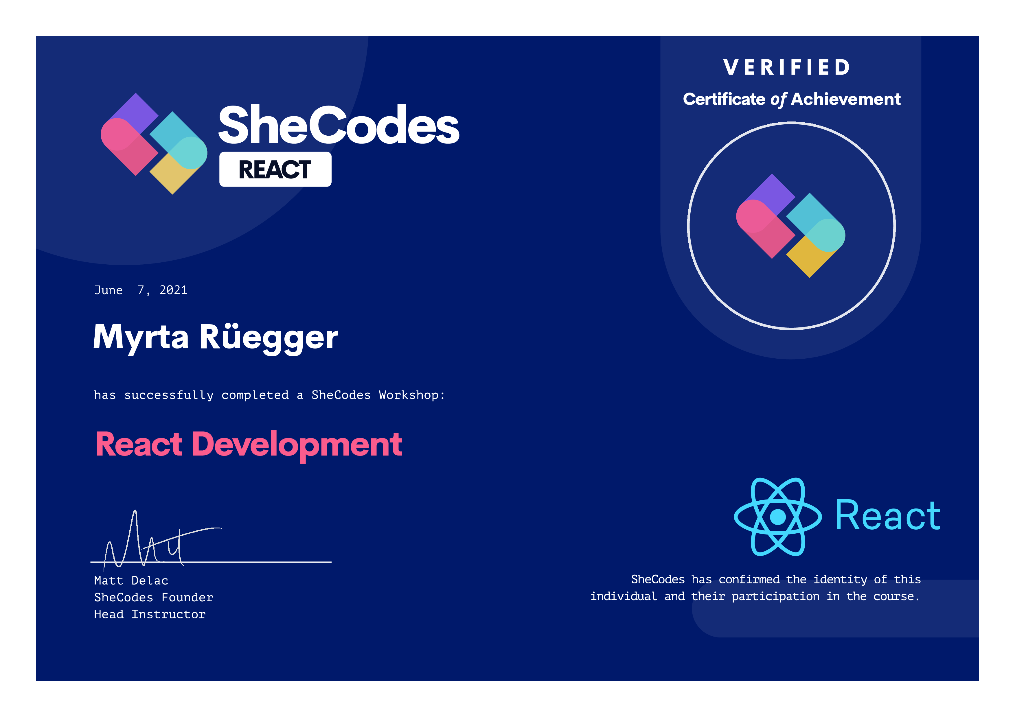 SheCodes React certificate preview