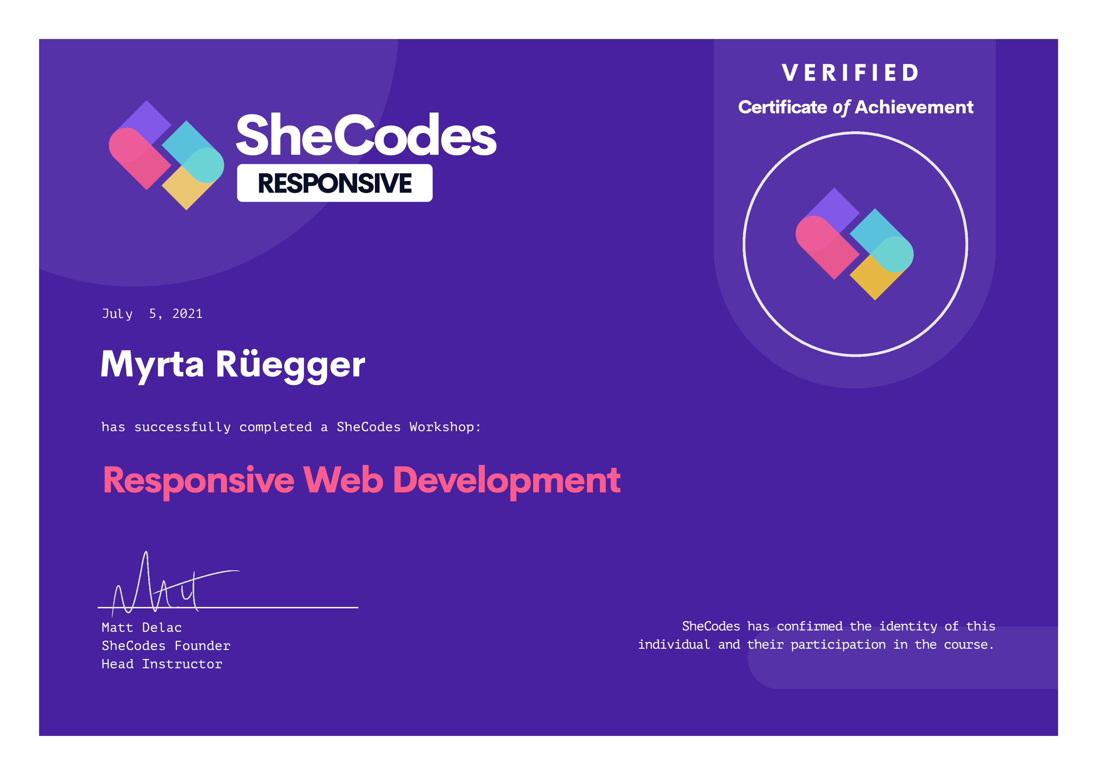 SheCodes Responsive certificate preview